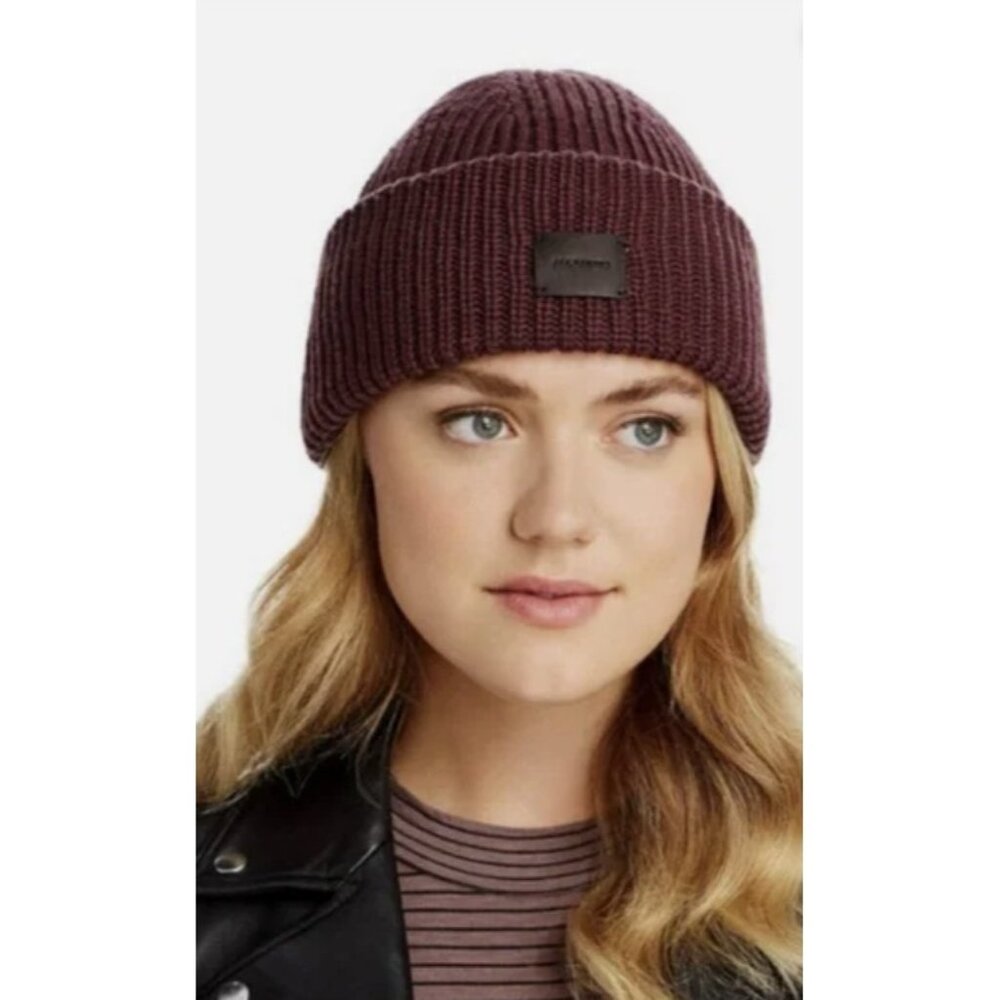 AllSaints Travelling Rib Cuff Hat Beanie Tawny Port Red ( O/S )